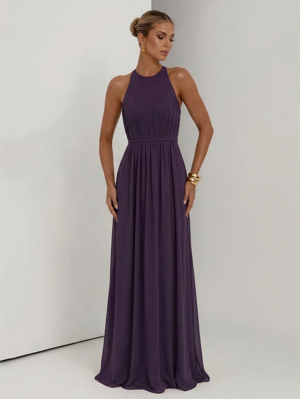 Bill Levkoff Formal Maxi Dress Women Sz 10 Purple Chiffon Halter Neck Bridesmaid